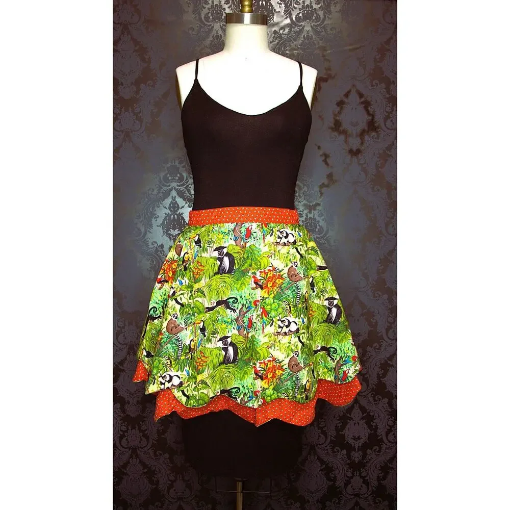 50s Pin Up Style Handmade Apron Red Polka Dot Jungle Theme Tie One Of A Kind